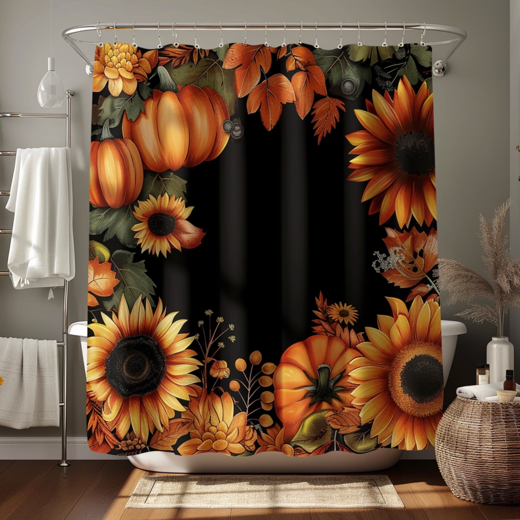 AutumnThemed Shower Curtain with Pumpkin and Sunflower Design on Black