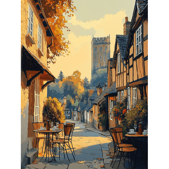 Autumnal European Street Cafe Canvas Art Print Perfect for Living Room Dining Room Kitchen and Office Decor.