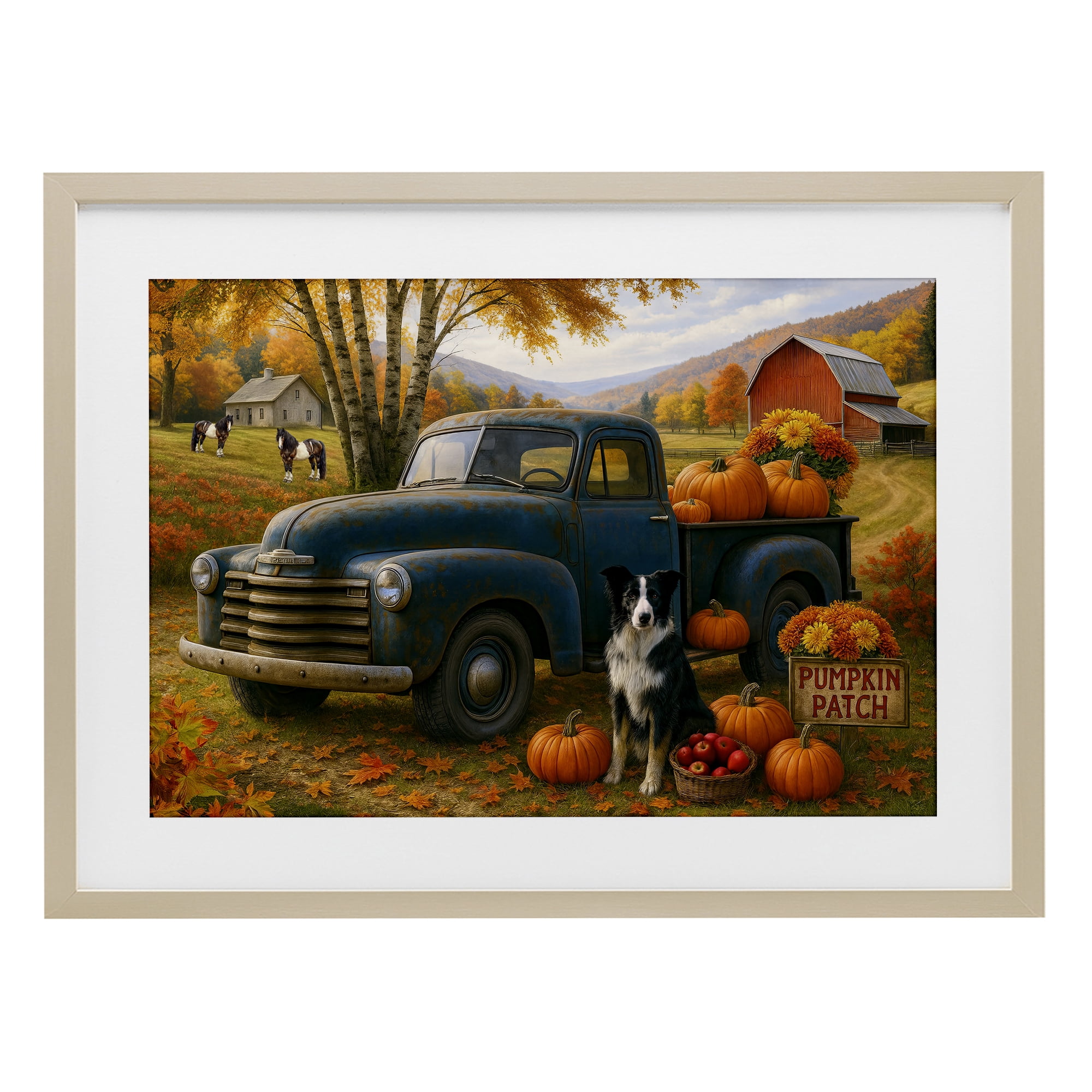 Autumnal Farmland Collie Dog Birch Framed Print Under Glass, design by Tom Crehan