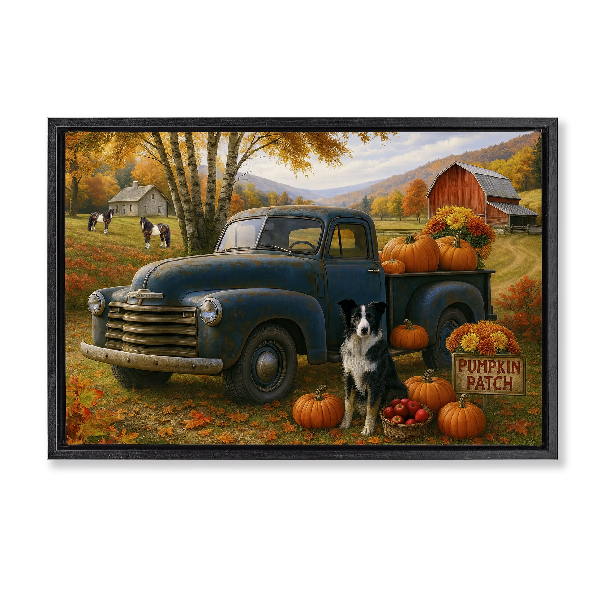 Autumnal Farmland Collie Dog Black Framed Floater Canvas Wall Art, design by Tom Crehan