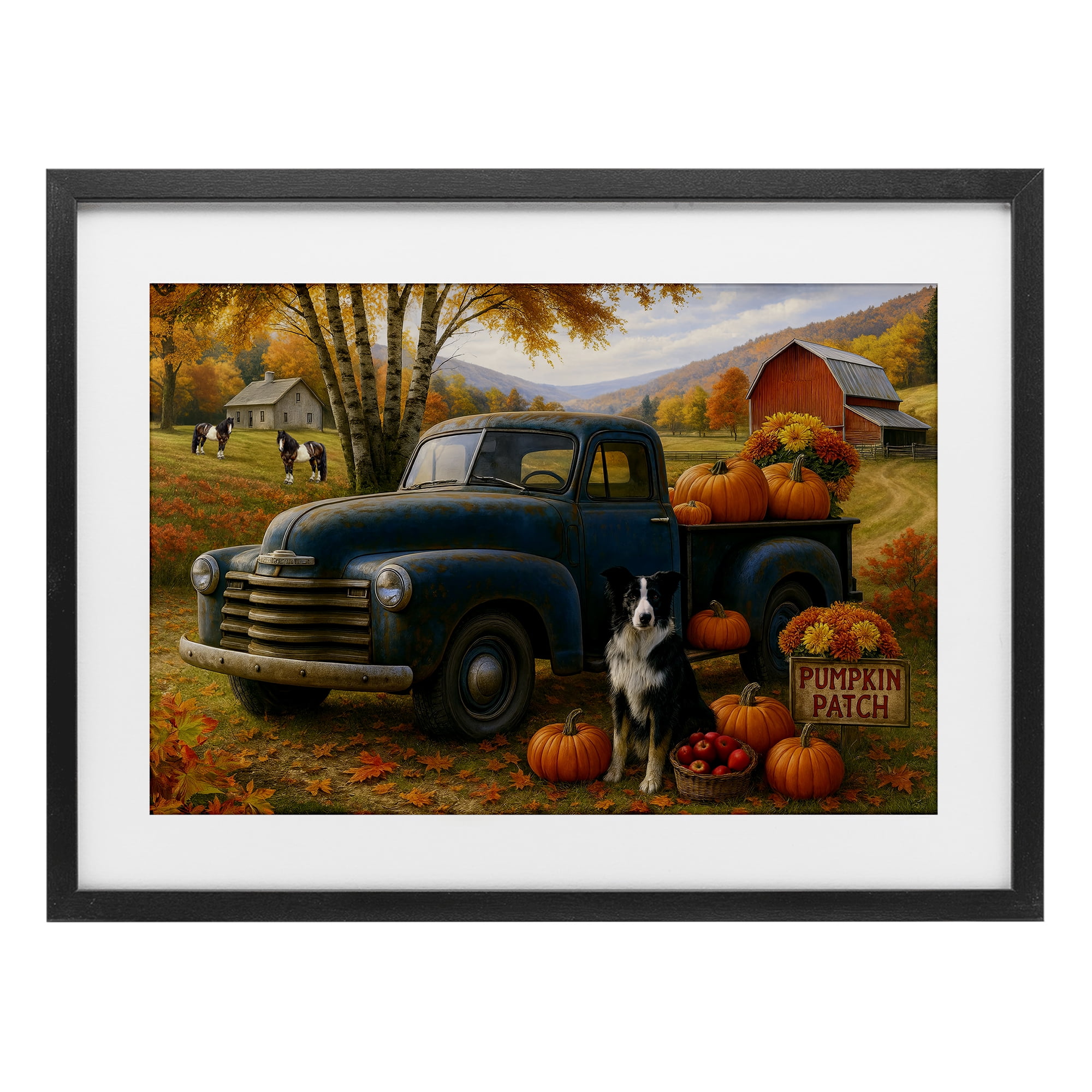 Autumnal Farmland Collie Dog Black Framed Print Under Glass, design by Tom Crehan