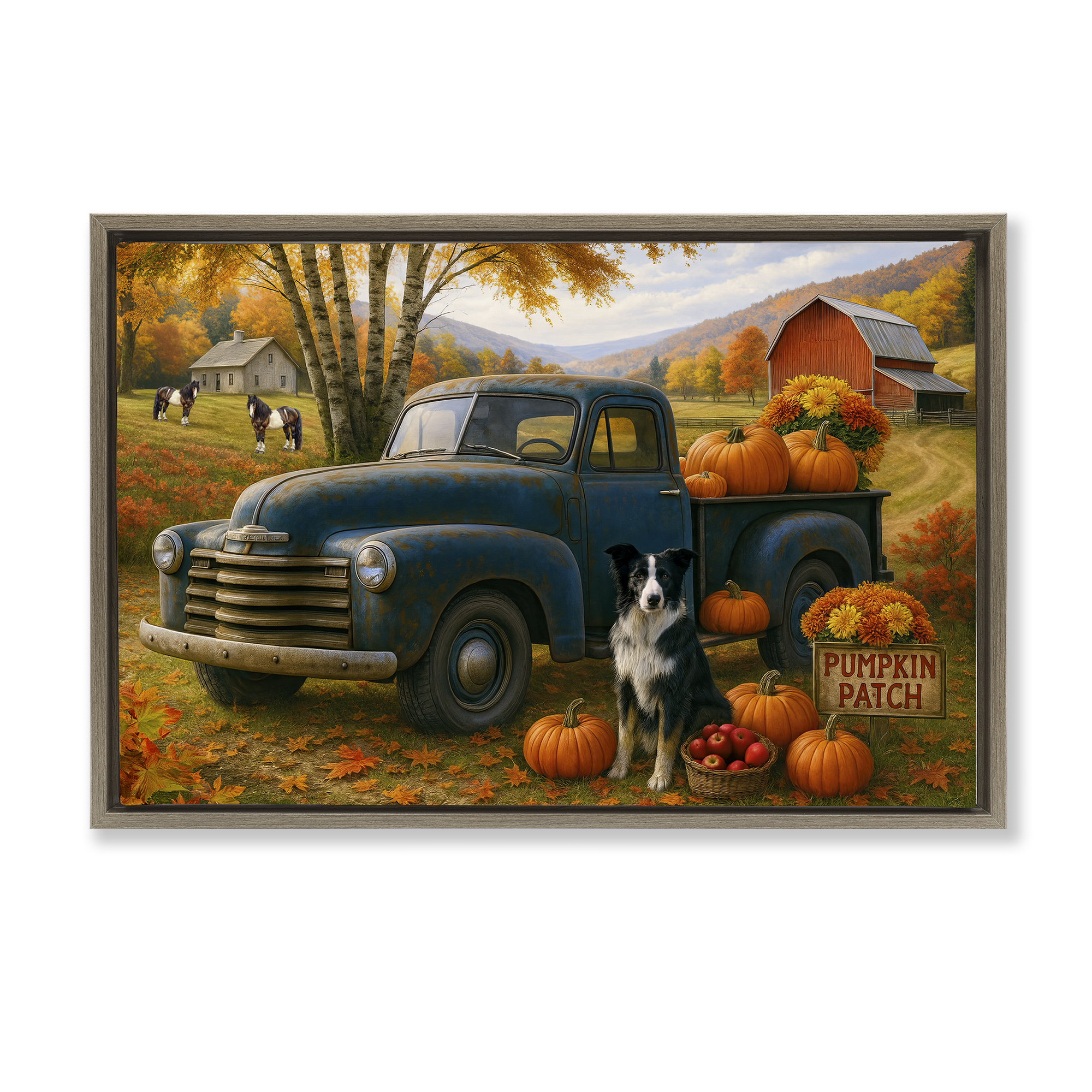 Autumnal Farmland Collie Dog Brown Framed Floater Canvas Wall Art, design by Tom Crehan