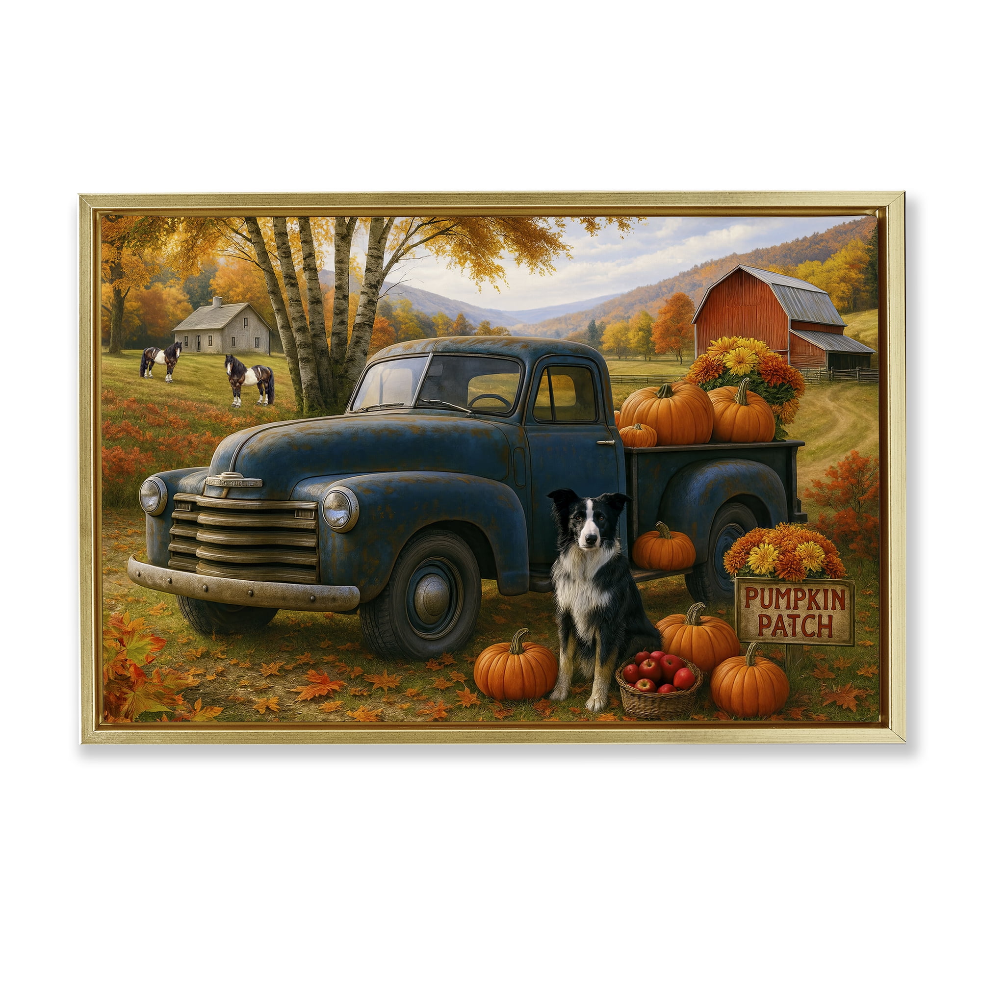 Autumnal Farmland Collie Dog Gold Framed Floater Canvas Wall Art, design by Tom Crehan