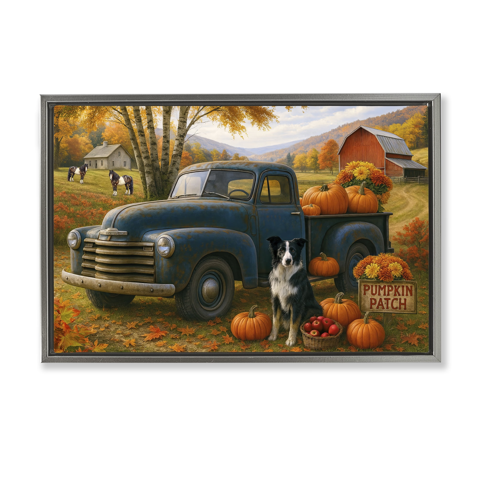 Autumnal Farmland Collie Dog Gray Framed Floater Canvas Wall Art, design by Tom Crehan