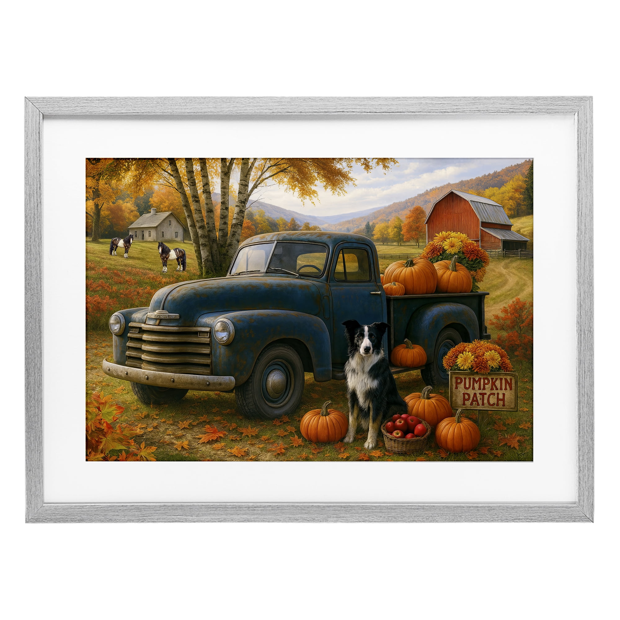 Autumnal Farmland Collie Dog Gray Framed Print Under Glass, design by Tom Crehan