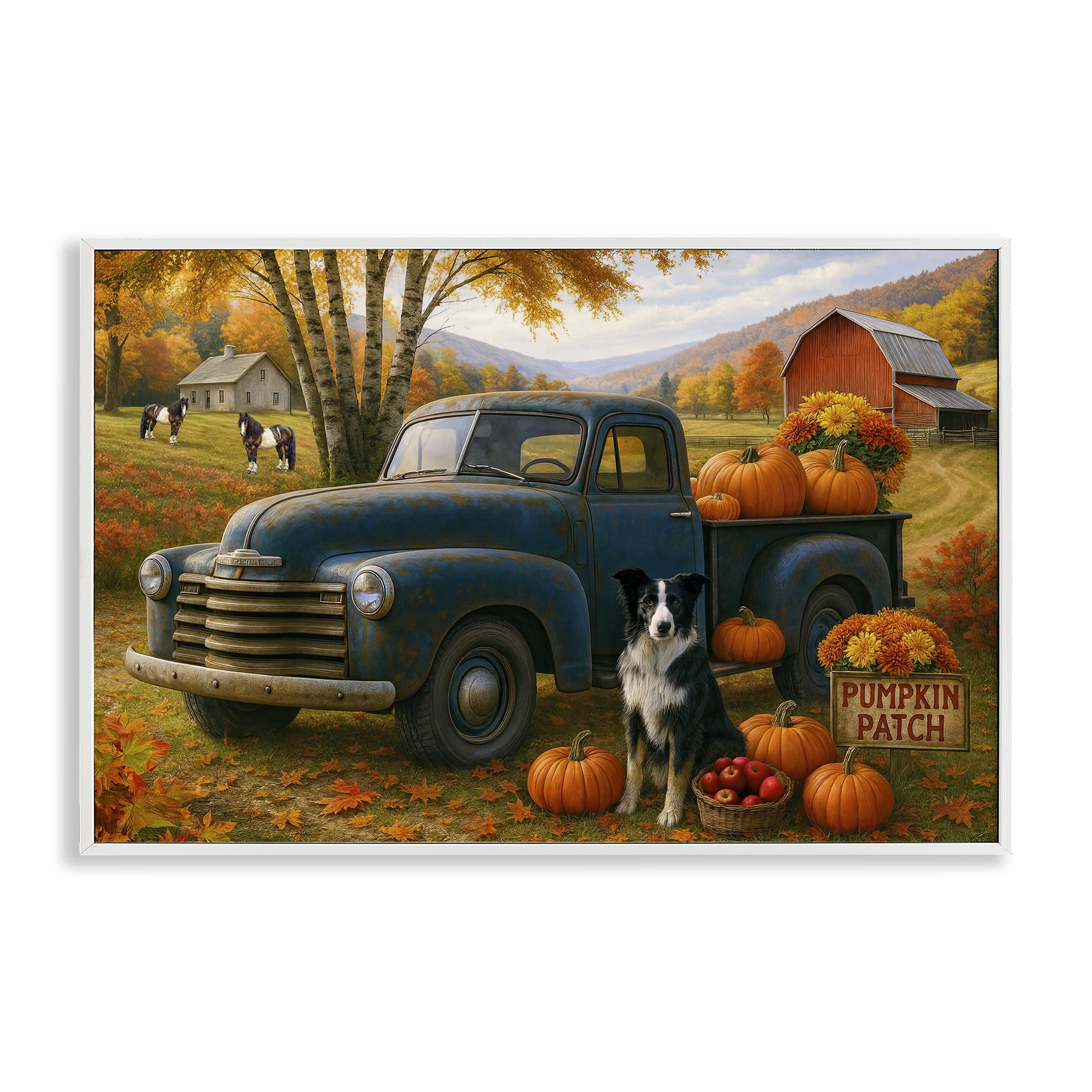 Autumnal Farmland Collie Dog White Framed Giclee Art, design by Tom Crehan