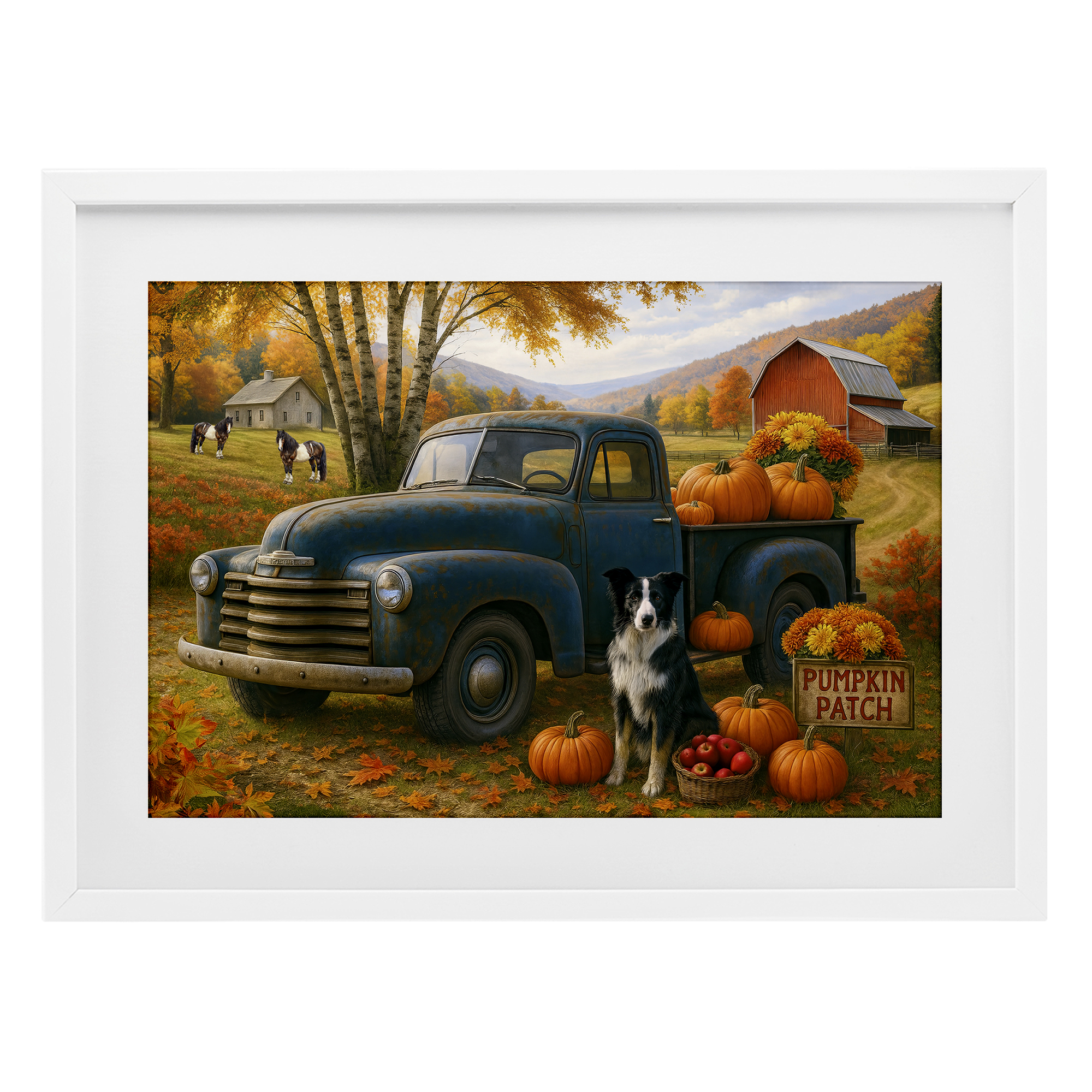 Autumnal Farmland Collie Dog White Framed Print Under Glass, design by Tom Crehan