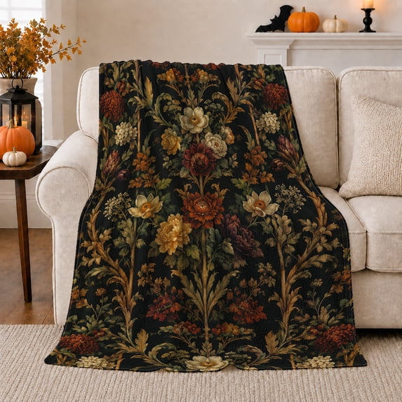 Autumnal Floral Artwork Print Black Dense Chrysanthemum Rose, Festive Holiday Scene, Warm Flannel Blanket for Living Room and Reading Nook, Art Lovers Thanksgiving Gift, Festive Home Decor