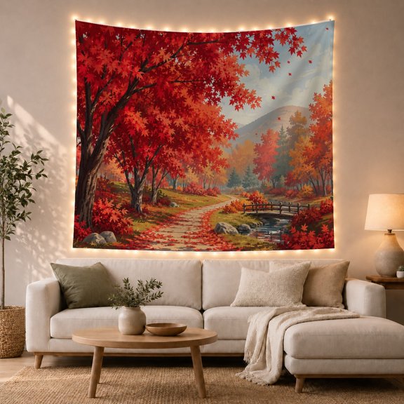Autumnal Forest Winding With Dirt Path Covered Fallen, Mystical Fantasy for Space Lovers, Galaxy Room Decor, Valentine's Day Gift, Tapestry Wall Hanging for Bedroom and Dorm