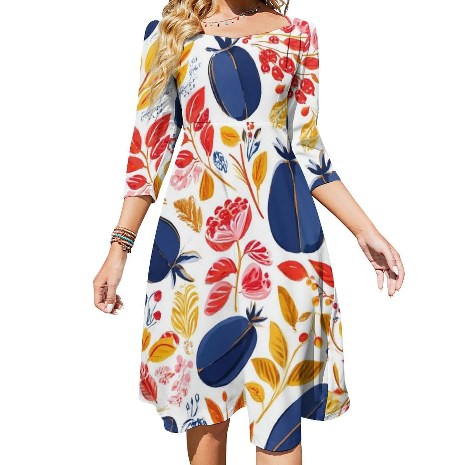 Autumnal Dresses For Women 2026.Autumnal Fruit Floral Seamless Pattern Women's 3/4 Sleeve Dresses ...