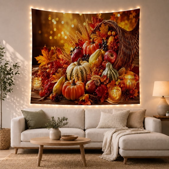 Autumnal Harvest Cornucopia with Pumpkins and Apples on Rustic Wood Cozy Rustic for Thanksgiving Lovers Fruit Still Life Art Thanksgiving Gift Tapestry Wall Hanging for Living Room and Bedroom