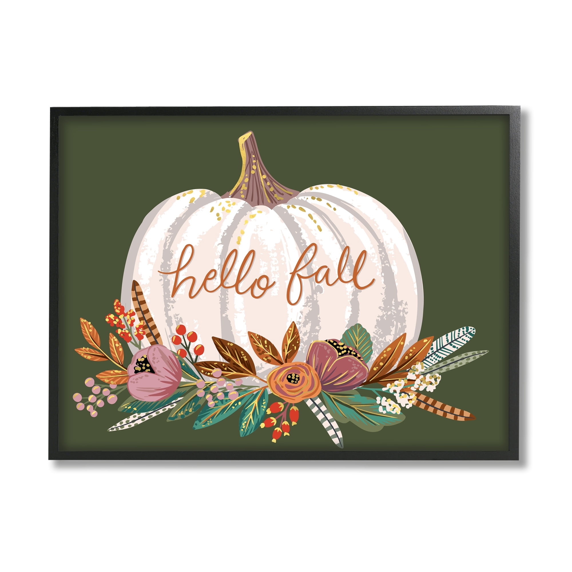 Autumnal Hello Fall Script Pumpkin Gourd Botanicals Botanical & Floral Graphic Art Framed Art Print Wall Art
