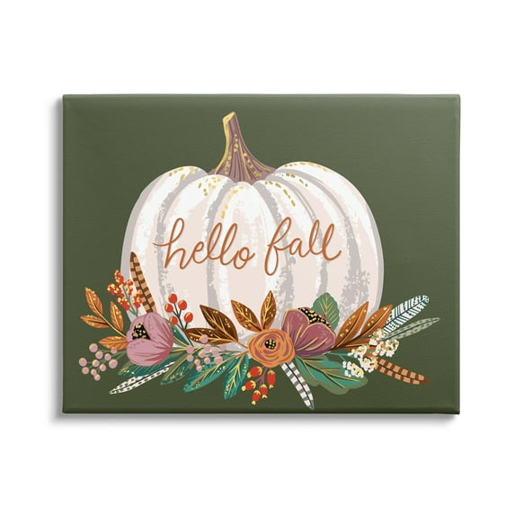 Autumnal Hello Fall Script Pumpkin Gourd Botanicals Botanical & Floral Graphic Art Gallery-Wrapped Canvas Print Wall Art