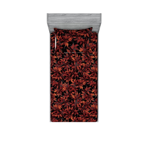 Autumnal Leaves Fitted Sheet & Pillow Sham Set, Neutral Colors Boho Leafy Pattern Romance Botany Art on Darkened Back, Decorative Printed 2 Piece Bedding Decor, Twinxl, Burgundy Ruby, by Ambesonne