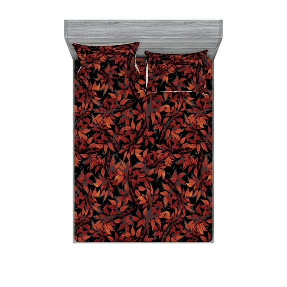Autumnal Leaves Fitted Sheet & Pillow Sham Set, Neutral Colors Boho Leafy Pattern Romance Botany Art on Darkened Back, Decorative Printed 3 Piece Bedding Decor, Calking, Burgundy Ruby, by Ambesonne