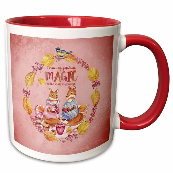 Autumnal Magic October Quote and Floral Animal Pink Illustration-Fox 11oz Two-Tone Red Mug mug-265380-5
