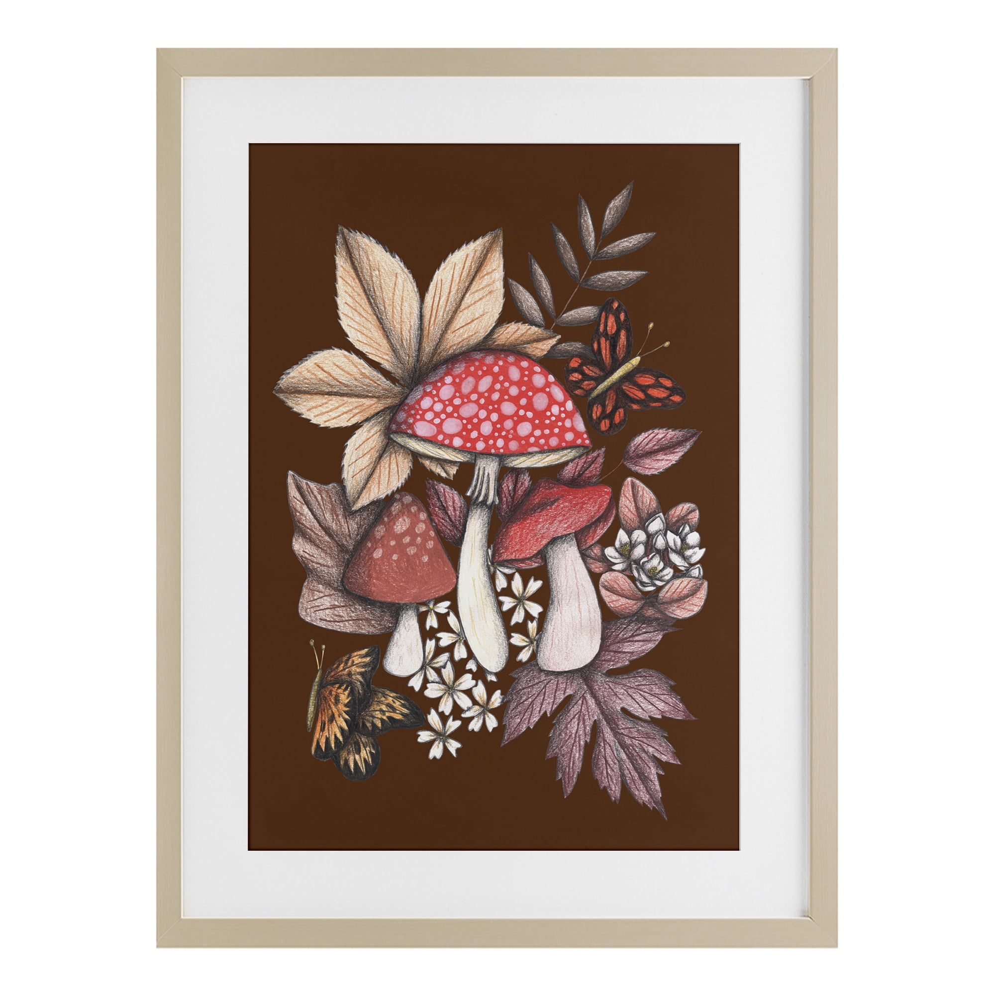 Autumnal Mushrooms Magic Birch Framed Print Under Glass, design by Cecilia Battaini