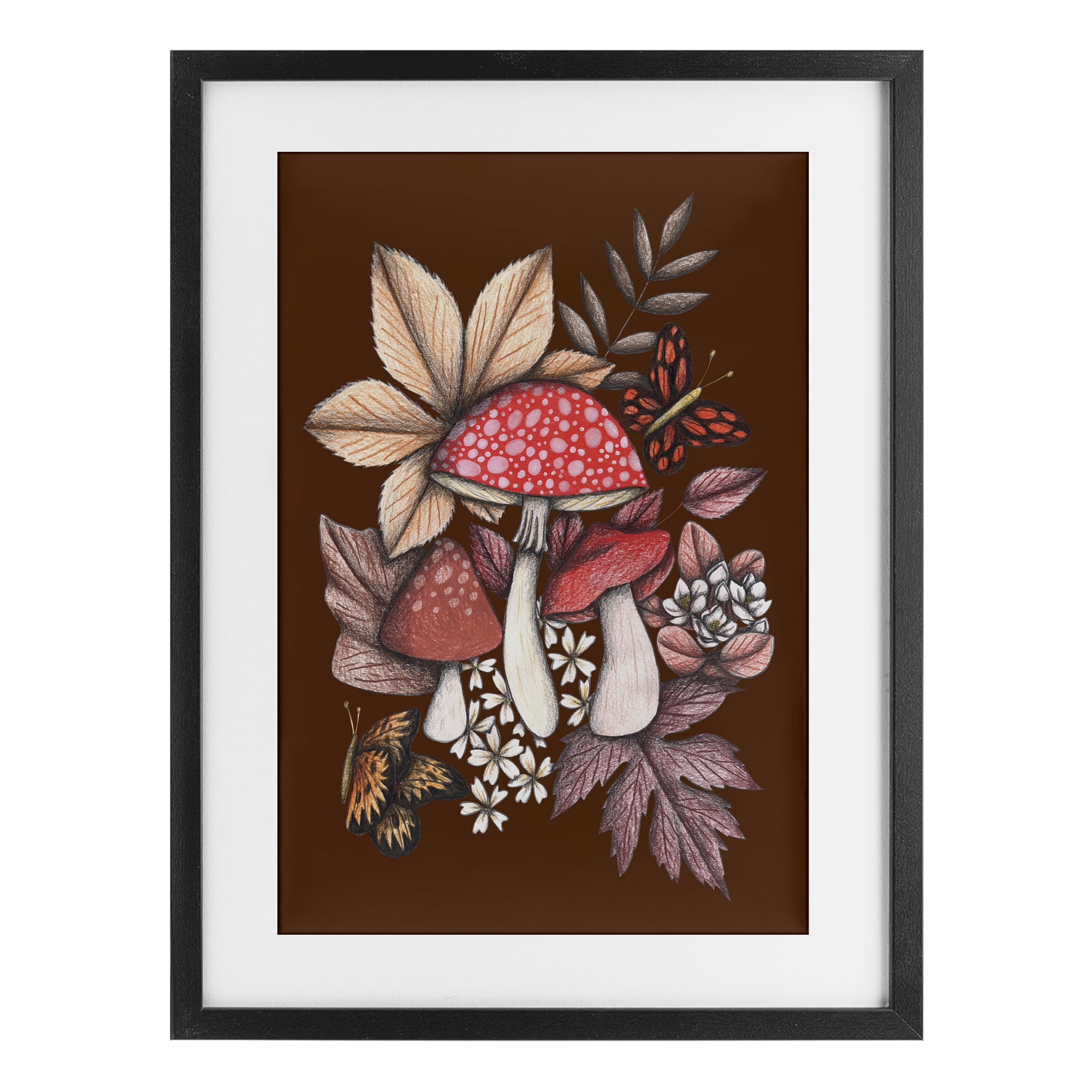 Autumnal Mushrooms Magic Black Framed Print Under Glass, design by Cecilia Battaini