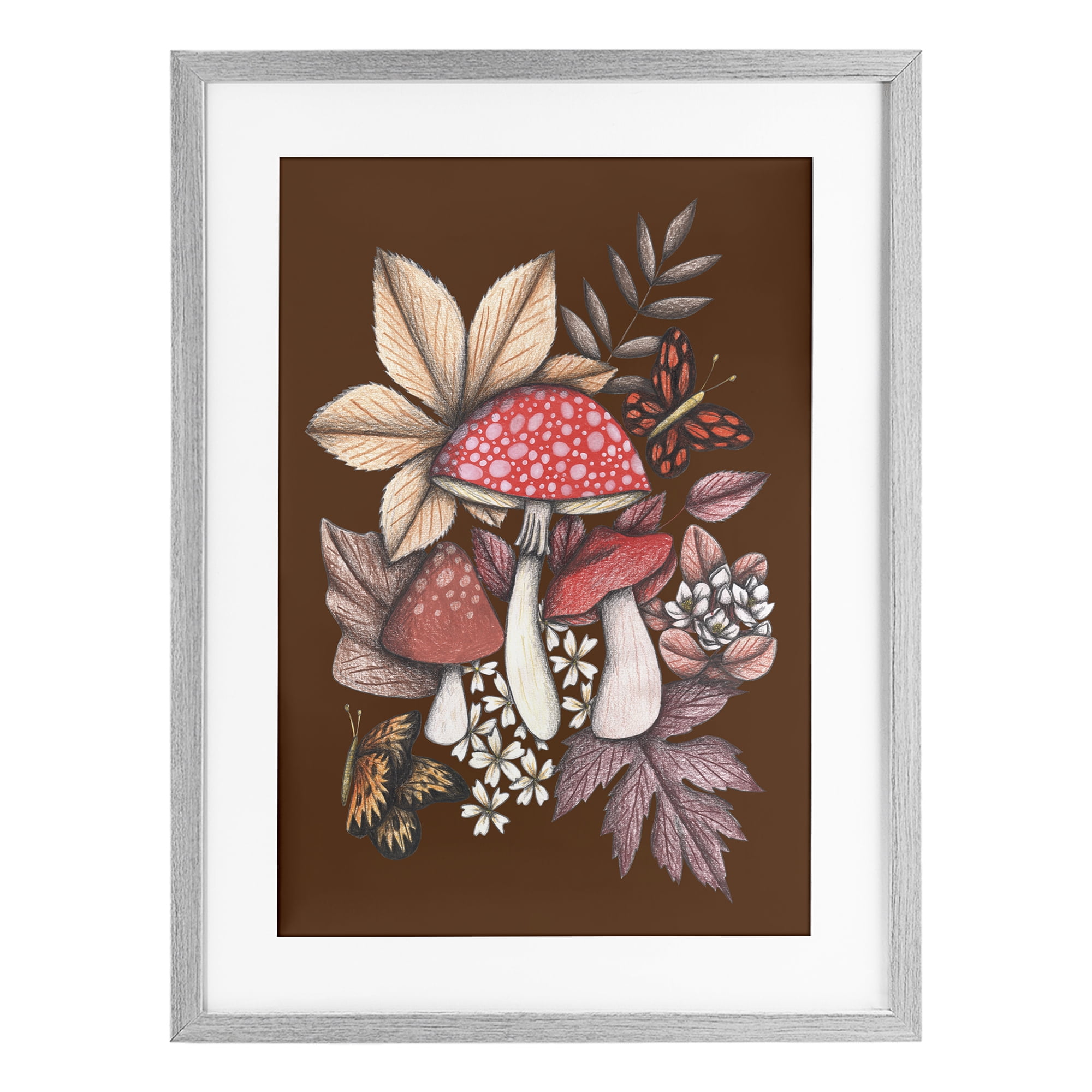 Autumnal Mushrooms Magic Gray Framed Print Under Glass, design by Cecilia Battaini