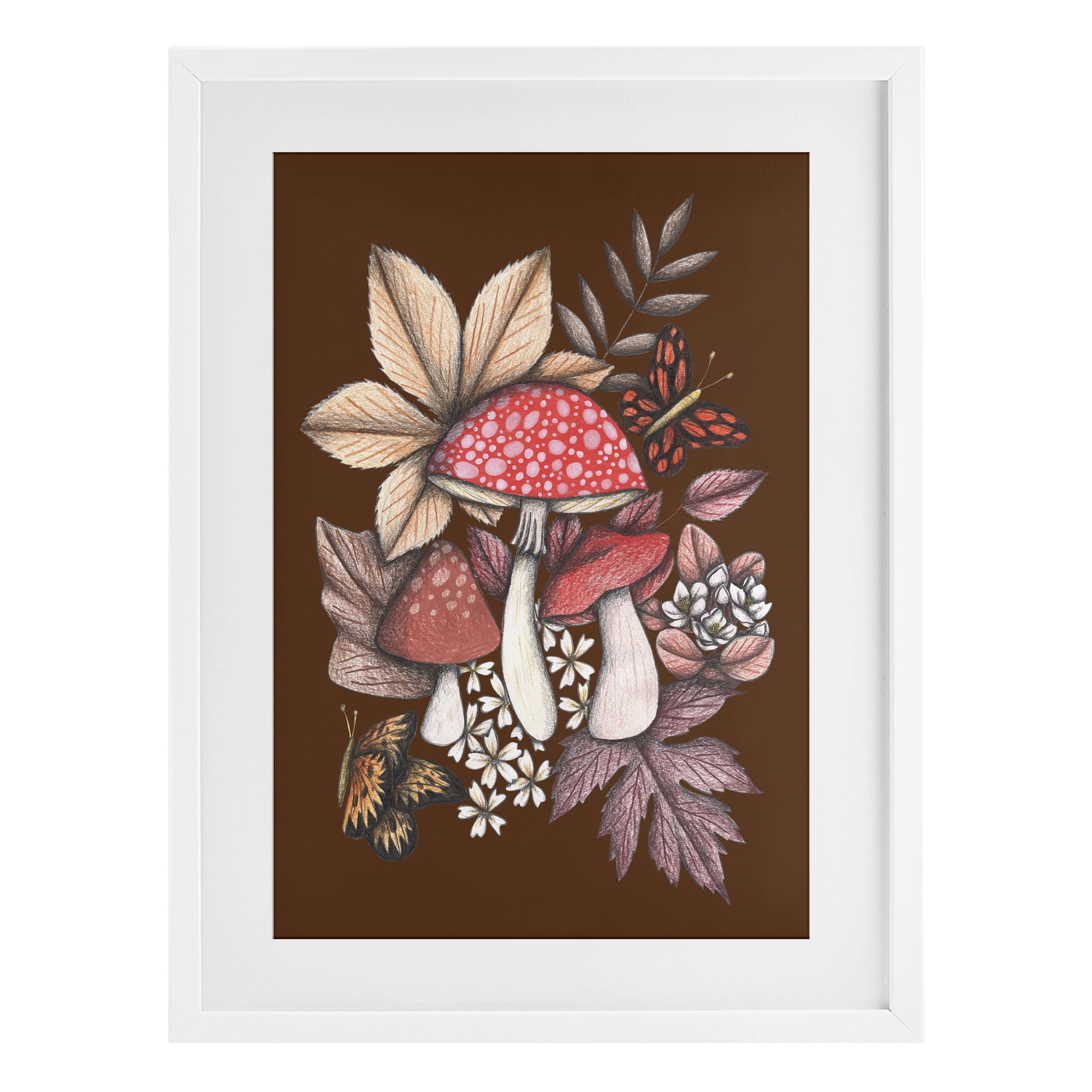 Autumnal Mushrooms Magic White Framed Print Under Glass, design by Cecilia Battaini
