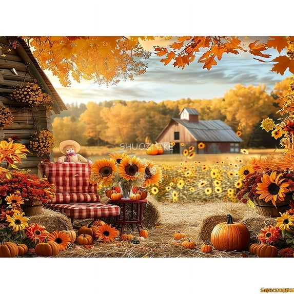 Autumnal Pumpkins Farm Photography Backdrops Props Hallowe Fall Field Maple Leaf Scarecrow Fce Photo Studio Background FM-03