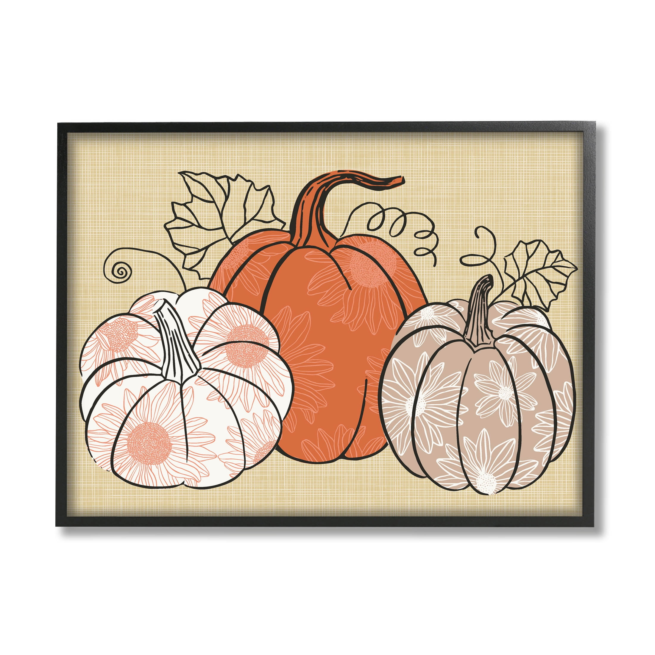 Autumnal Pumpkins Sunflower Pattern Holiday Graphic Art Black Framed Art Print Wall Art