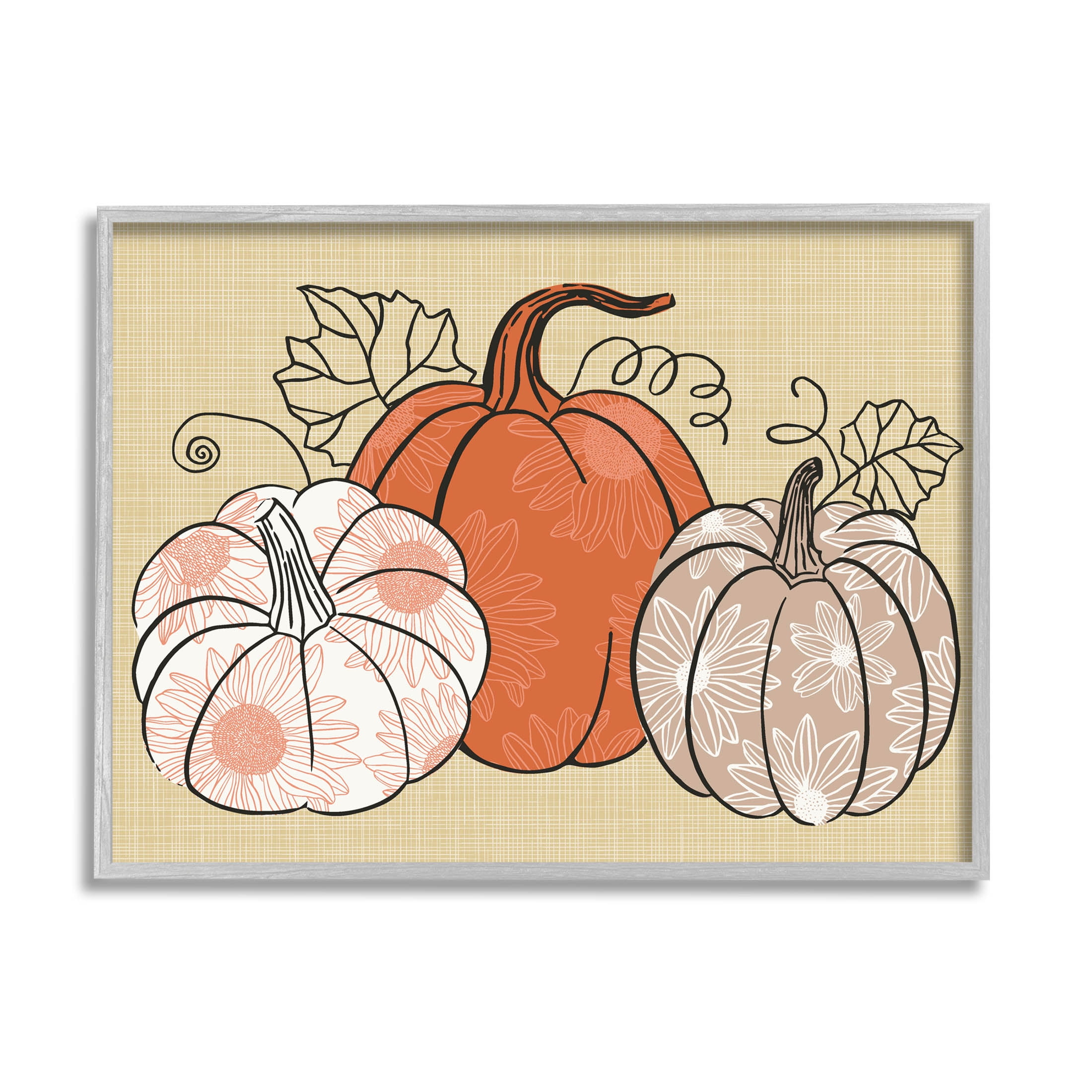 Autumnal Pumpkins Sunflower Pattern Holiday Graphic Art Gray Framed Art Print Wall Art