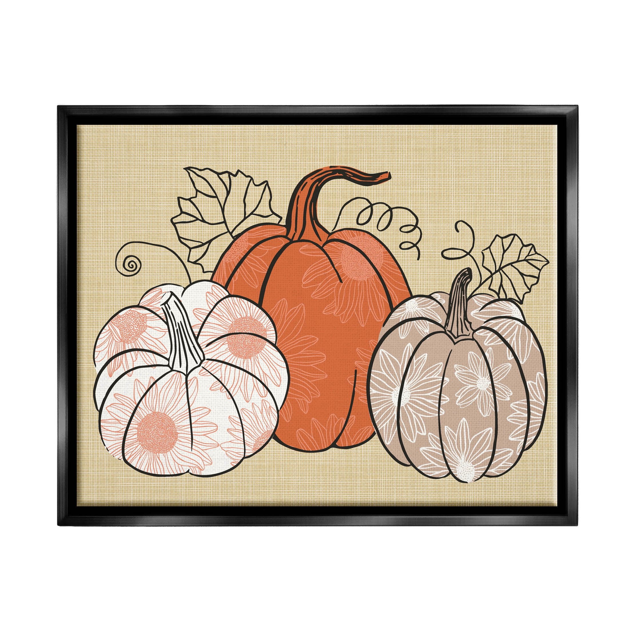 Autumnal Pumpkins Sunflower Pattern Holiday Graphic Art Jet Black Framed Art Print Wall Art