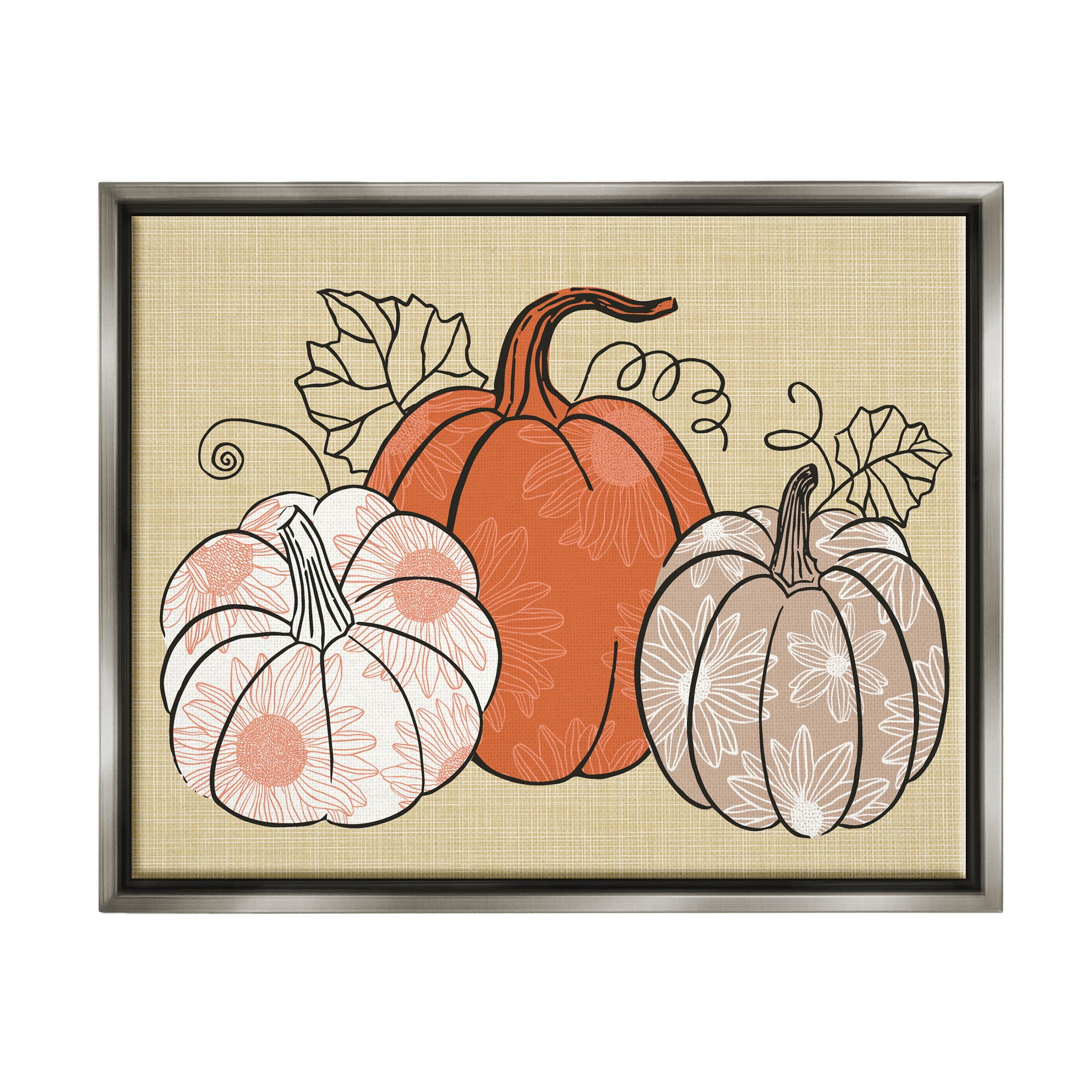 Autumnal Pumpkins Sunflower Pattern Holiday Graphic Art Luster Gray Framed Art Print Wall Art