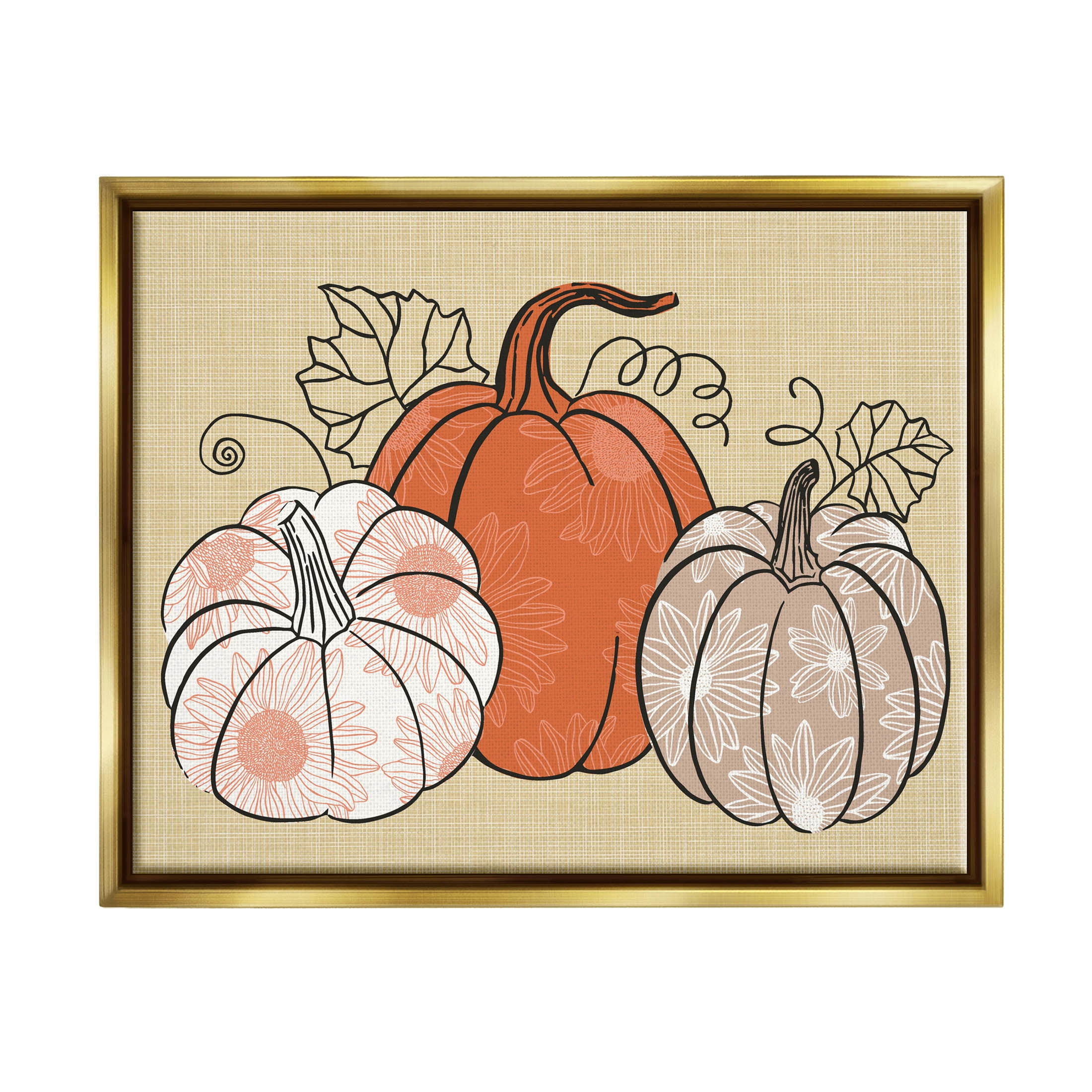 Autumnal Pumpkins Sunflower Pattern Holiday Graphic Art Metallic Gold Framed Art Print Wall Art