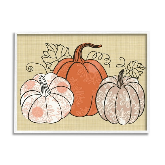 Autumnal Pumpkins Sunflower Pattern Holiday Graphic Art White Framed Art Print Wall Art