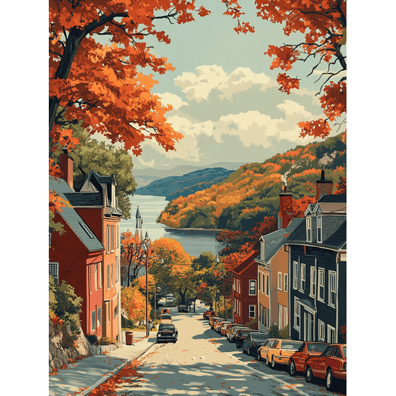 Autumnal River Town Street Canvas Print/Wall Art Perfect for Living RoomDining Room and Hallway Decoration.
