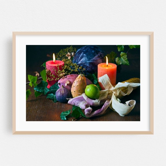 Autumnal Still Life with candles - Berlin Germany Photography Autumn Fruit Botanical Rustic Oak Framed Wall Art Print 12 x 18 inches