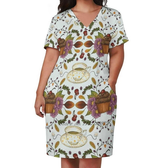 Autumnal Tea Party Loose Pocket Dress Women'S Printed Dresses Casual Dress New Design Tea Tea Party Cupcake Muffin