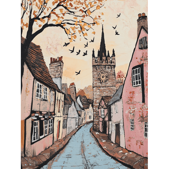 Autumnal Village Street Clock Tower Canvas Print Wall Art Suitable for Living Room Bedroom Kitchen Hallway and Office Decoration.