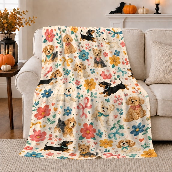 Autumnal Watercolor Dog Breed Pattern Floral Accents, Playful Pet Portrait Pattern, Warm Flannel Blanket for Living Room and Bedroom, Dog Lovers Just Because Gift, Pet Lover Home Decor