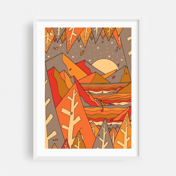 Autumnal lands - Illustration Geometric Autumn Abstract Landscape Nature Mountain Minimalist White Framed Wall Art Print 16 x 24 inches