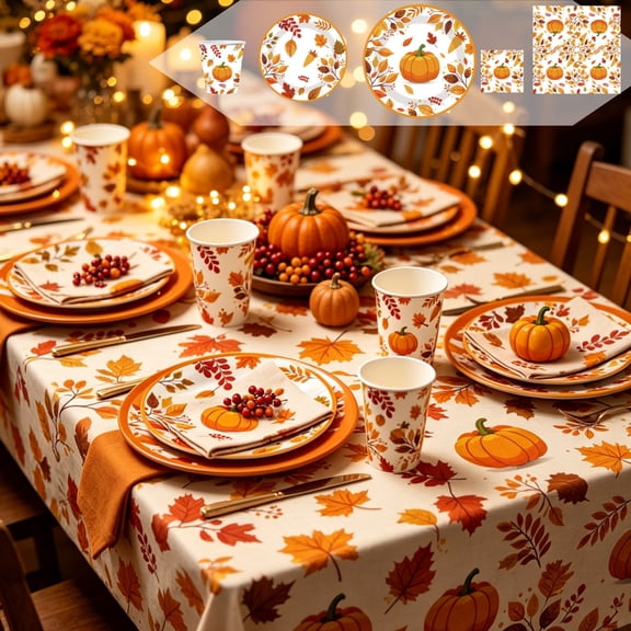 Autumns Thanksgiving Disposable Tableware Set, Multicolor Pumpkin Maple Leaf Printed Paper Plates Cups Napkins, Fall Holiday Dinner Party Supplies, Lazyguy