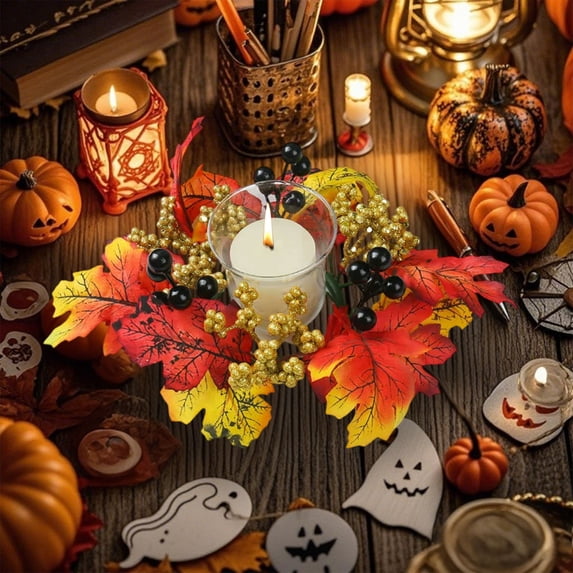 Autumns Thanksgiving Maple Leaf Candle Holders Wreath Halloween Decoration Ornament Plastic Table Candle Cup Wreath Wedding Fireplace Halloween Thanksgiving 9.45 in