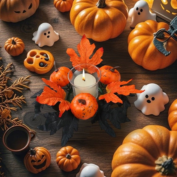 Autumns Thanksgiving Maple Leaf Candle Holders Wreath Halloween Decoration Ornament Plastic Table Candle Cup Wreath Wedding Fireplace Halloween Thanksgiving 9.45 in