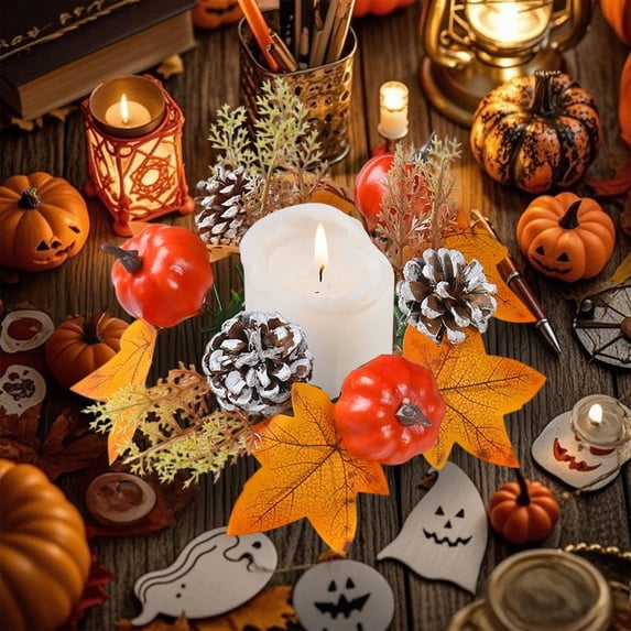 Autumns Thanksgiving Maple Leaf Candle Holders Wreath Halloween Decoration Ornament Plastic Table Candle Cup Wreath Wedding Fireplace Halloween Thanksgiving 9.45 in