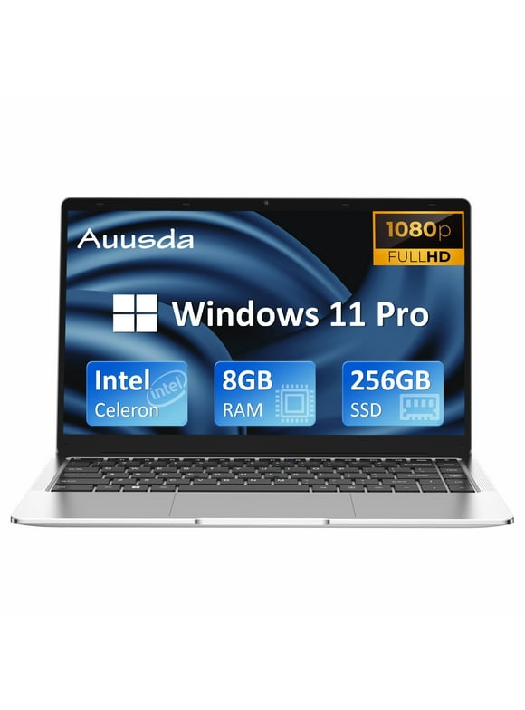 Auusda 14.1" Laptop Intel Celeron J4125(Quad-core up to 2.7GHz), 8GB RAM, 256GB SSD, Windows 11 Pro Work Computer FHD 1920*1080P, Silver