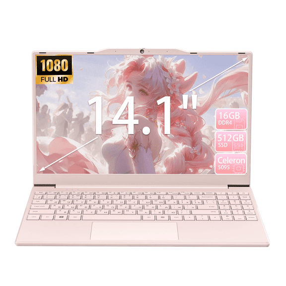 Auusda 14.1" Windows 11 Pro Laptop, 16GB RAM 512GB SSD, Intel Celeron N5095 CPU Home Computer, Pink