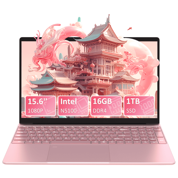 Auusda 15.6" Laptop Computer, 16GB RAM 1TB SSD, Intel N5100, Windows 11 Pro Notebook, Backlit Keyboard, Fingerprint Unlock, Pink
