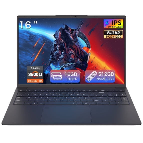 Auusda 16" Business Laptop, Win11 Pro Computer, Ryzen 5 3500U up to 3.7GHz, 16GB RAM 512GB SSD, Backlit Keyboard, Fingerprint Unlock