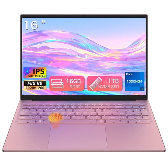 Auusda 16" Business Laptop, Win11 Pro Computer, Core i3 1000NG4, 16GB DDR4 RAM 1TB SSD, Backlight, Fingerprint, Pink