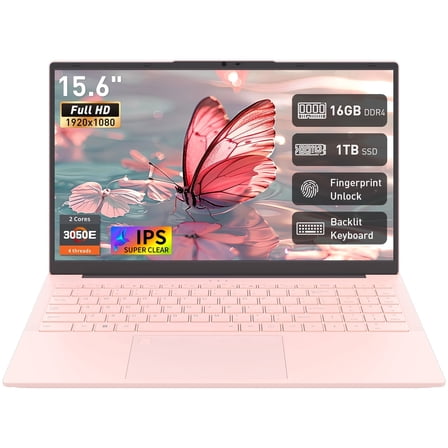 Auusda 15.6" Student Laptop, AMD 3050E CPU 16GB RAM 1TB SSD, Fingerprint Unlock & Backlit Keyboard, Windows 11 Pro Computer, TYPE-C, Pink
