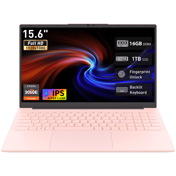 Auusda 15.6" Student Laptop, 3050E CPU 16GB RAM 1TB SSD, Fingerprint Unlock & Backlit Keyboard, Win11 Pro Computer, TYPE-C, Pink