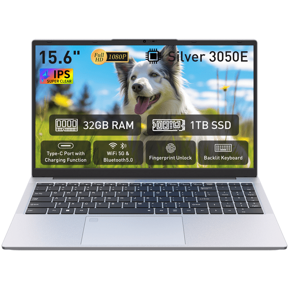 Auusda 15.6" Laptop, Windows 11 Pro 32GB RAM 1TB SSD, AMD 3050E CPU Home Computer, Backlit, Fingerprint, Silver