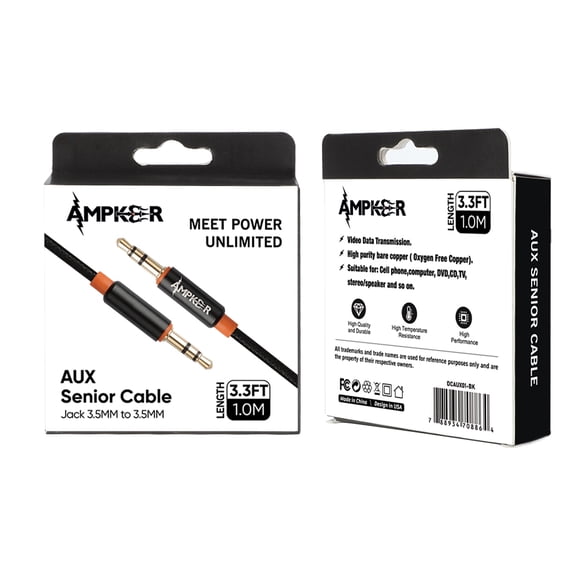 AUX CABLE Jack 3.5mm to 3.5mm - 3.3FT/1M - Black